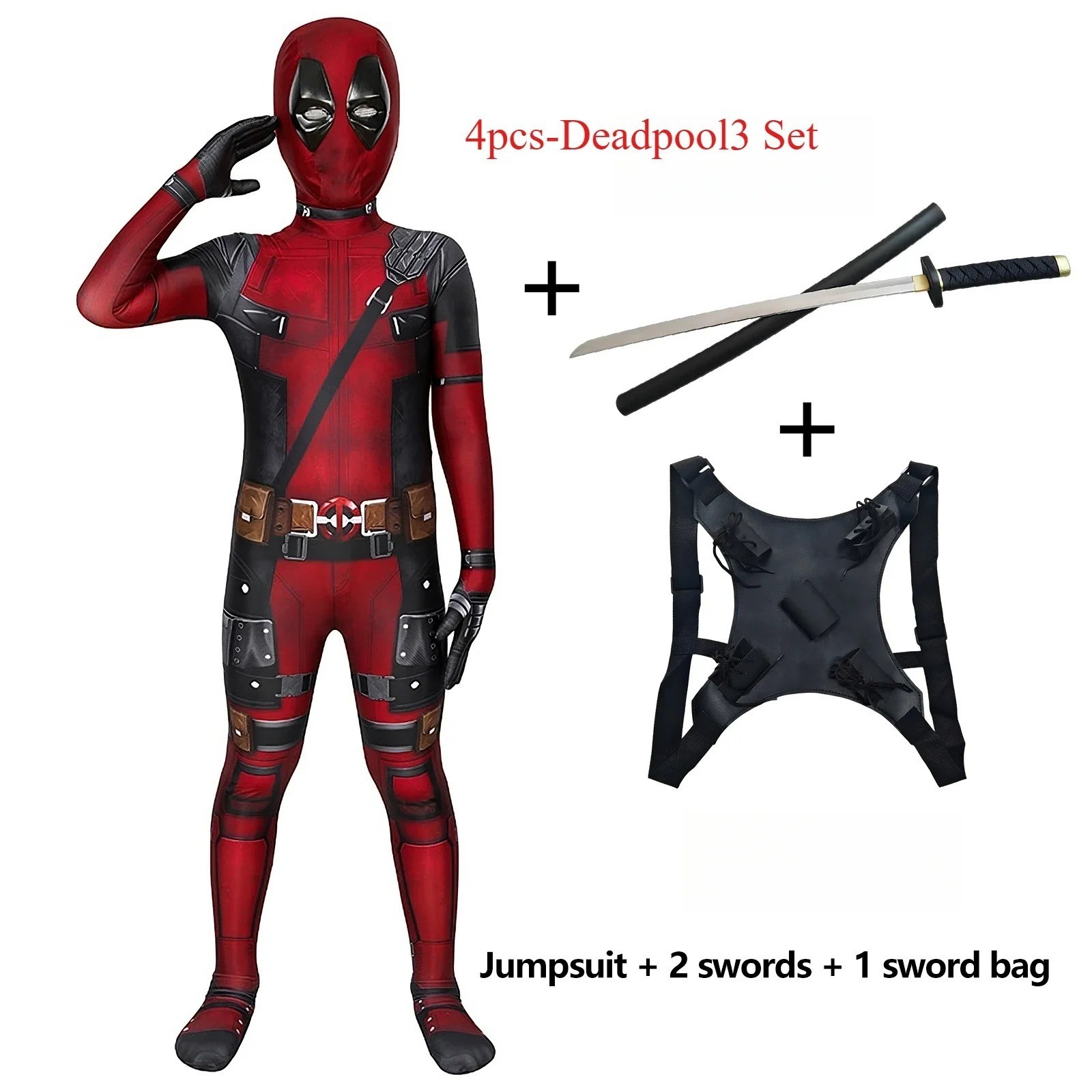 Kids Deadpool Costume Halloween Superhero Jumpsuit with Swords Gift Set