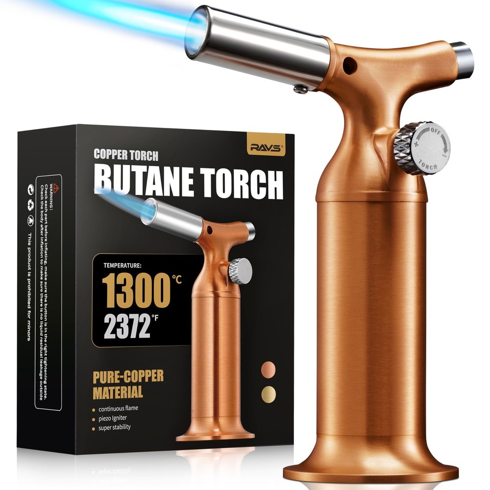 RAVS Butane Torch Lighter with Solid Copper Design, Kitchen Medium, Pink