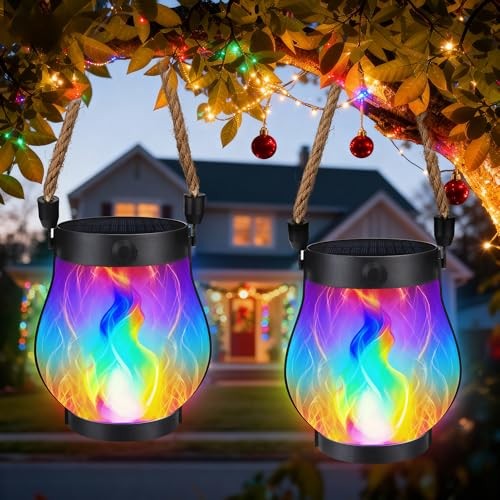 Solar Lanterns Lights, Christmas Flickering Flame Garden 2 Pack Multicolor