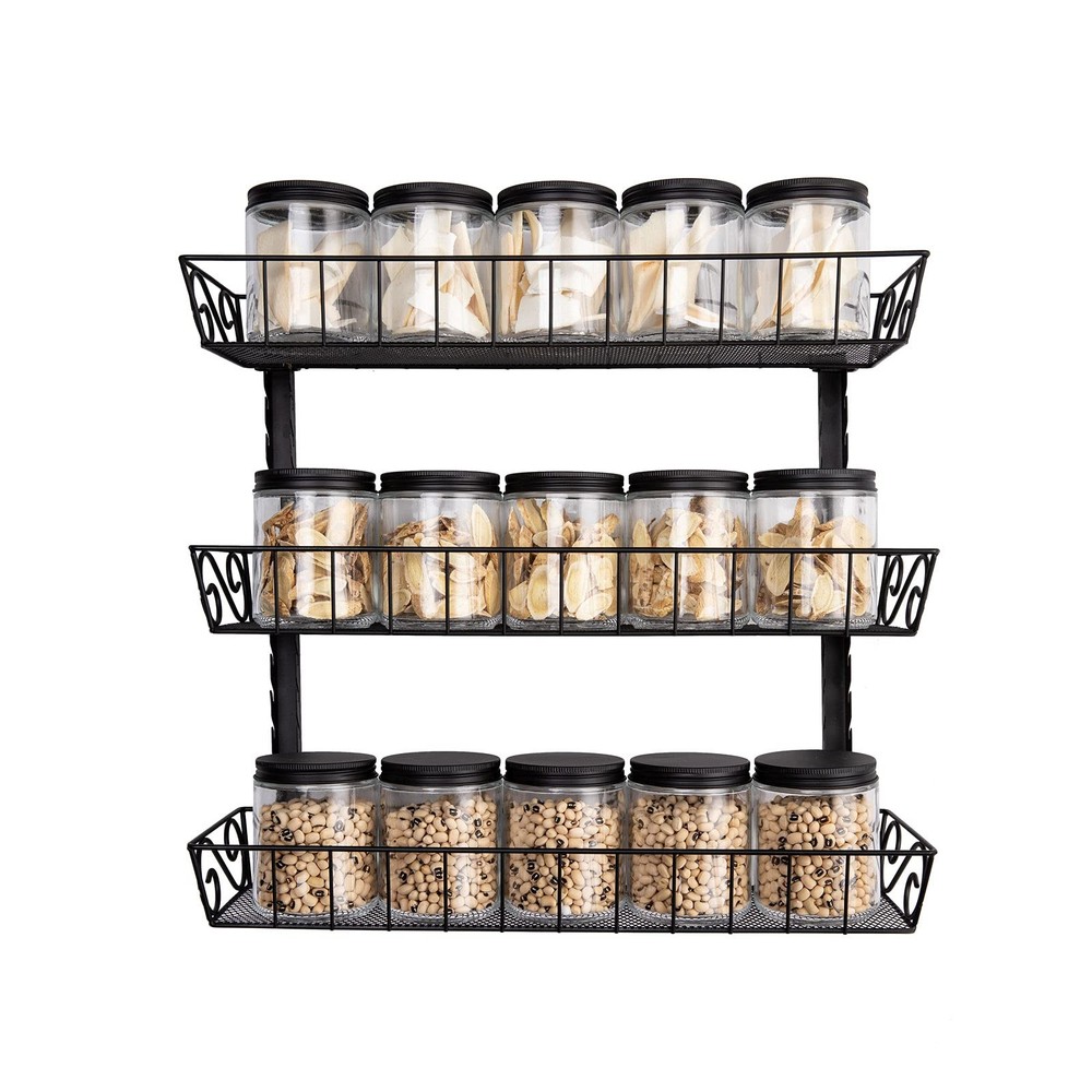 3 Tier Wall Mount Spice Rack Organizer Adjustable Dual-Use Kitchen Black