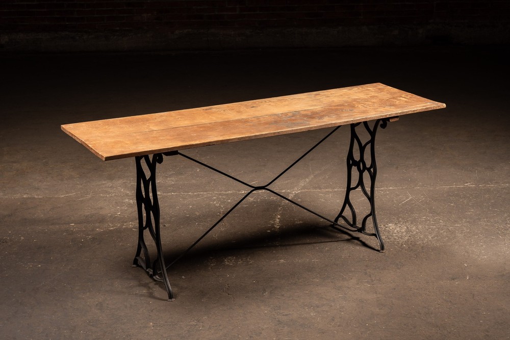 Early Industrial Oak Plank Table with Cast Iron Machine Base