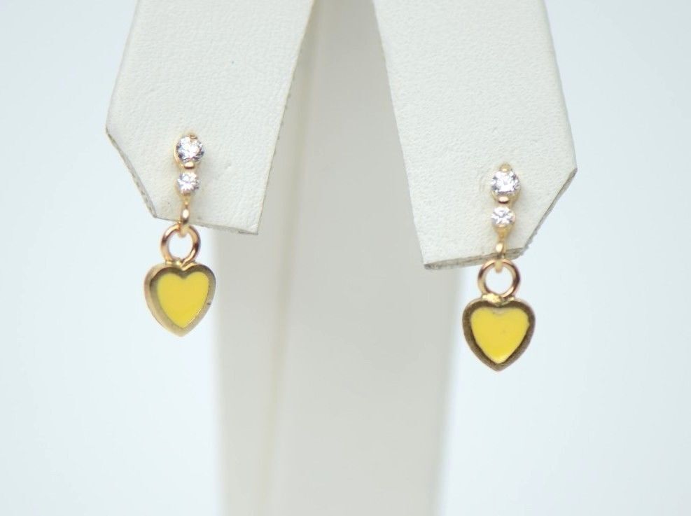 14K Solid Yellow Gold Enamel Heart Shape Dangle Stud Earring