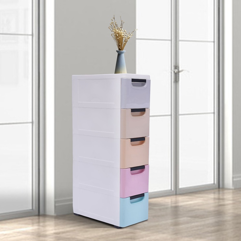 Plastic Storage Cabinet w/5 Drawers, Stackable Vertical Clothes Storage Box PP