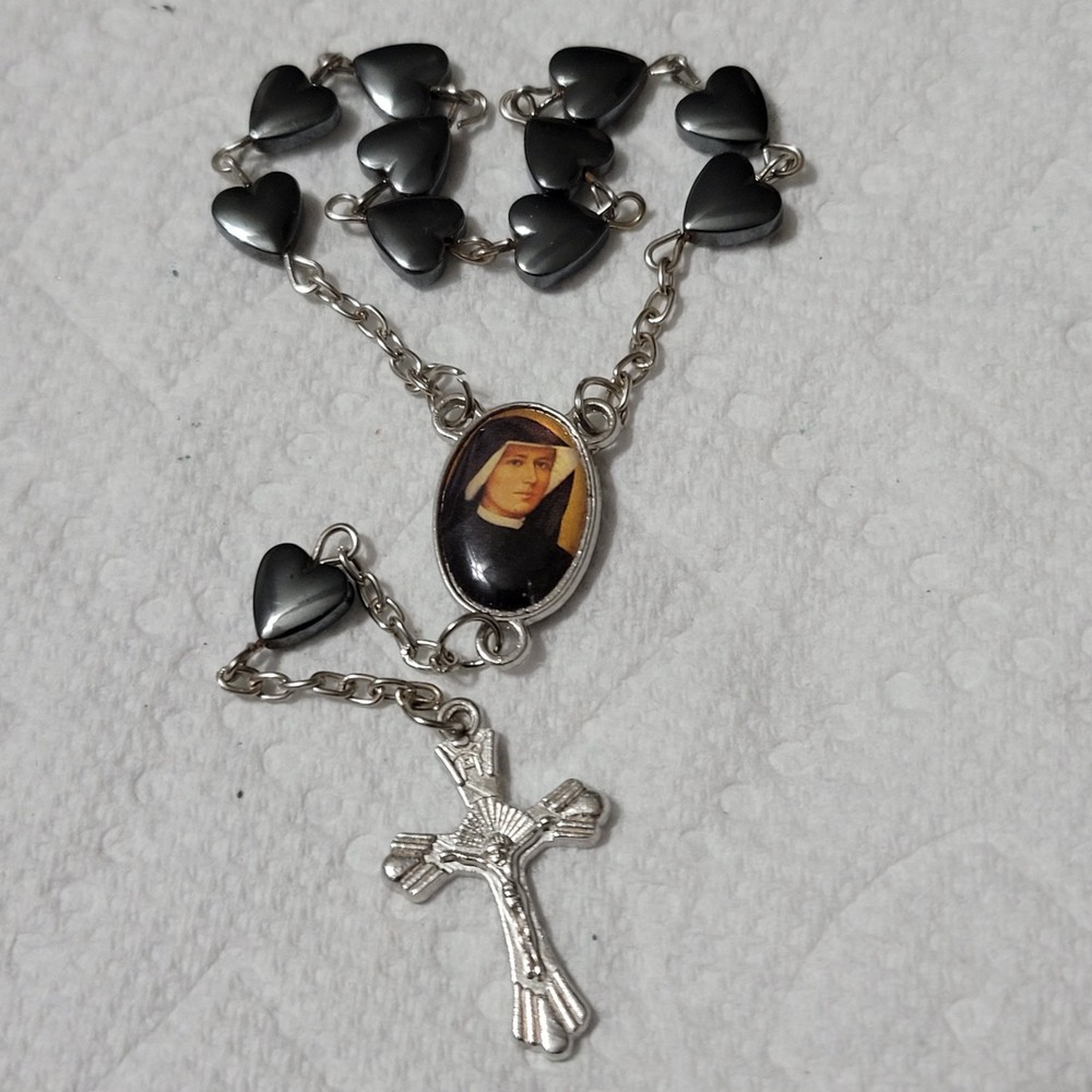 One Decade Pocket Rosary Hemetite Hearts, Catholic, 7"