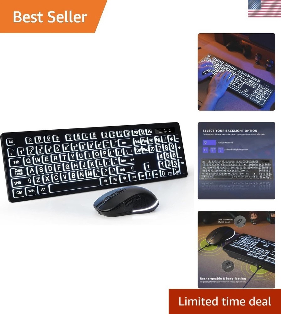 Large Print Wireless Keyboard & Mouse Set for Seniors – Backlit & Rechargeable