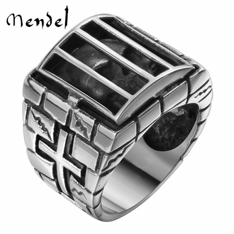 MENDEL Mens Punk Prisoner Skull Ring Band Stainless Steel Convict Jail Inmate