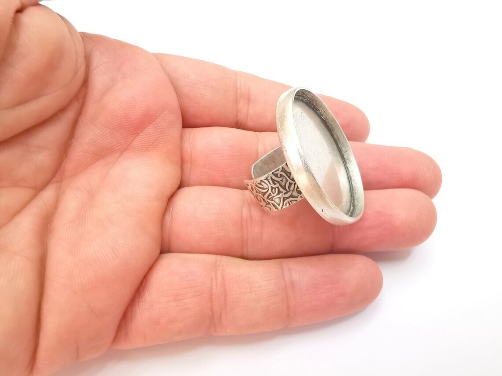 Round Antique Silver Ring Blank Setting, Cabochon Mounting Adjustable Resin Ring