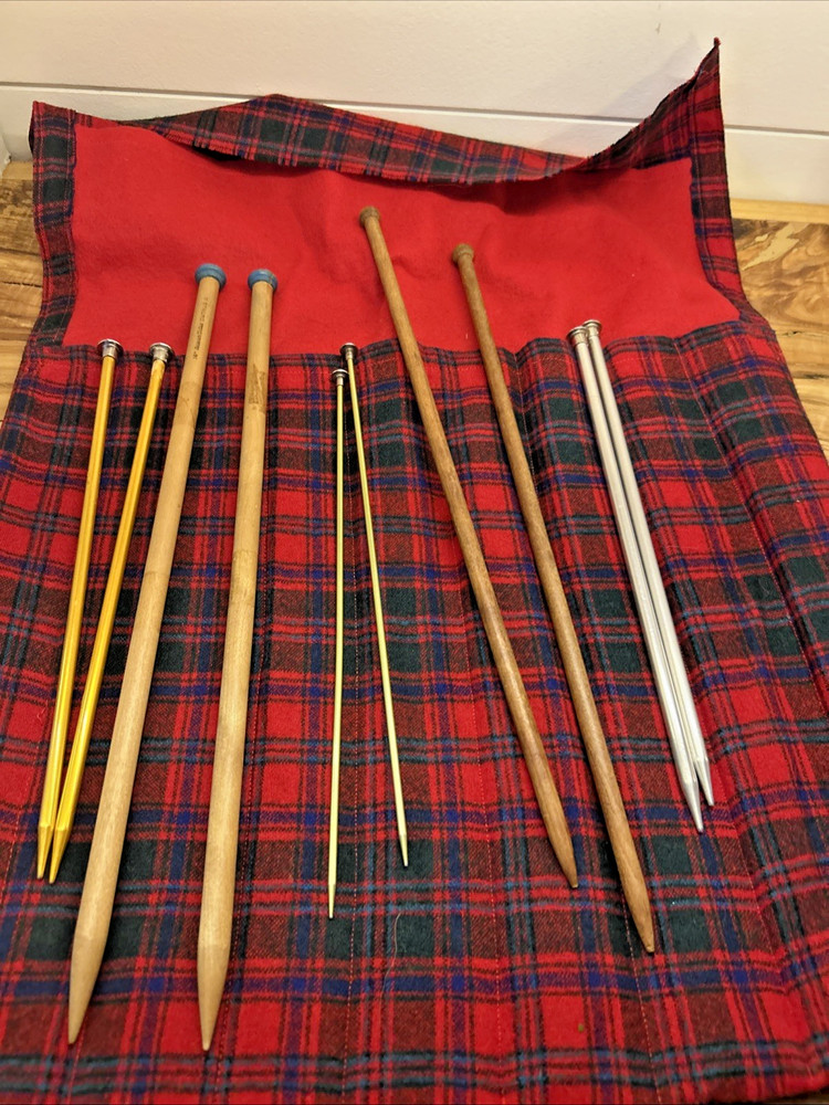 Vintage Five Pair Knitting Needles With Plaid Wool Storage Caddy Wrap