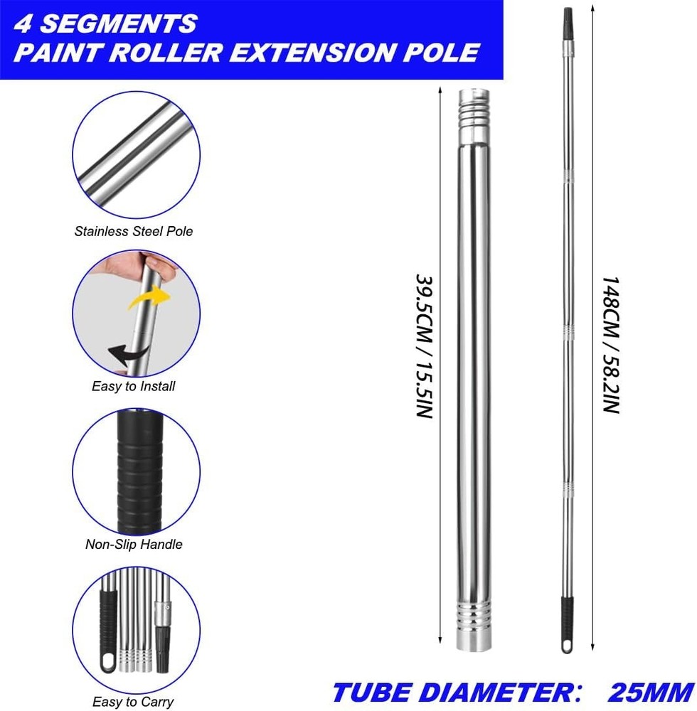 Extension Pole 1.3-4.8 ft Long Paint Roller Telescopic Extendable Silver