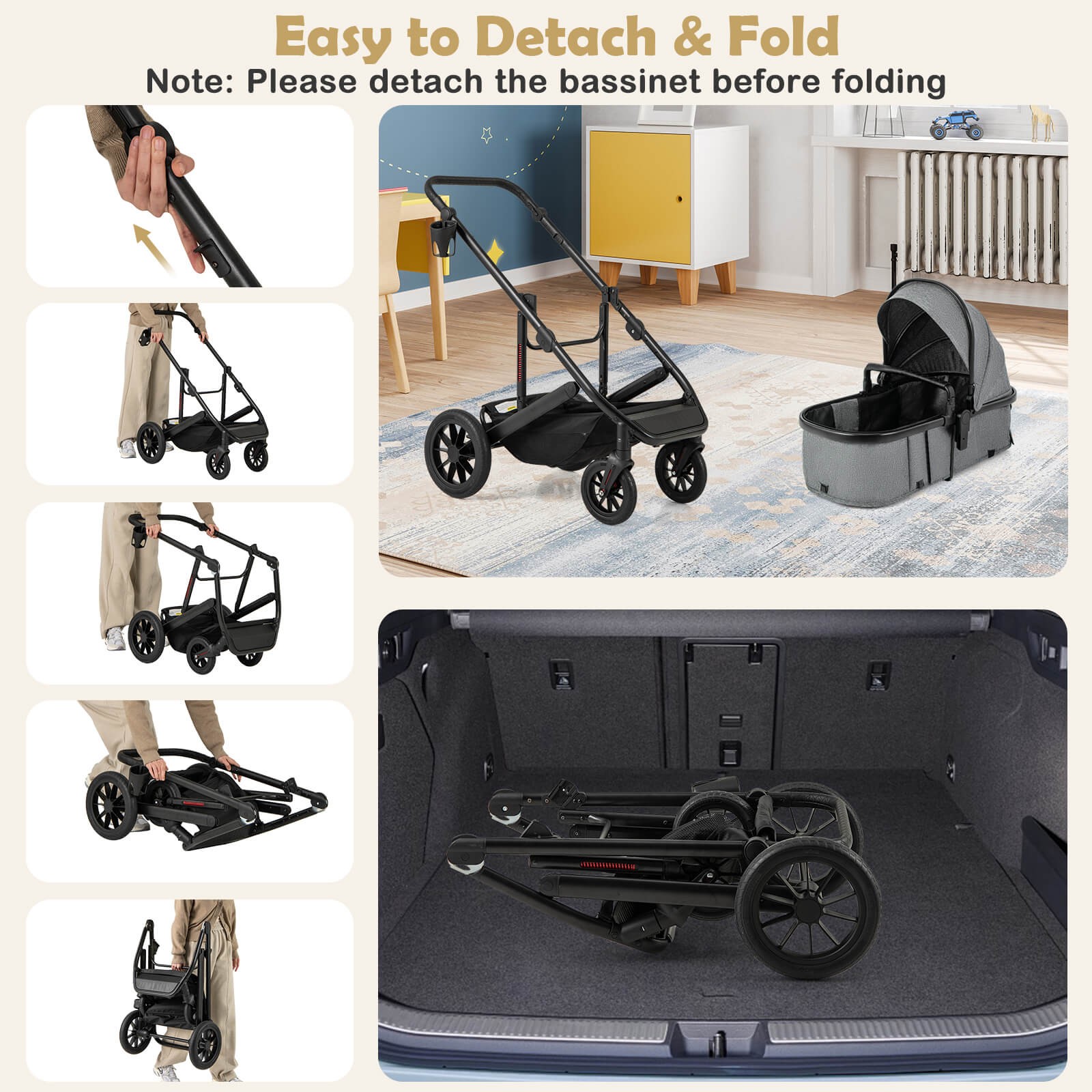 3-in-1 Newborn Stroller Folding Convertible High Landscape Toddler Stroller