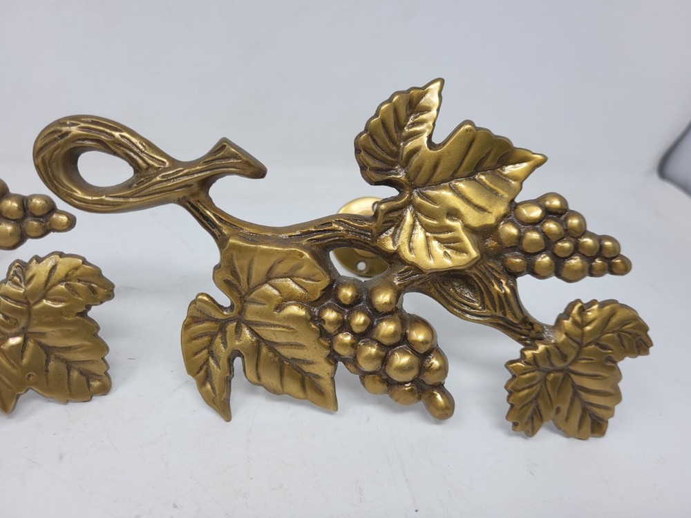 Two 8.5" Vintage Solid Brass Grapes & Leaves Curtain Holdbacks Tie Backs