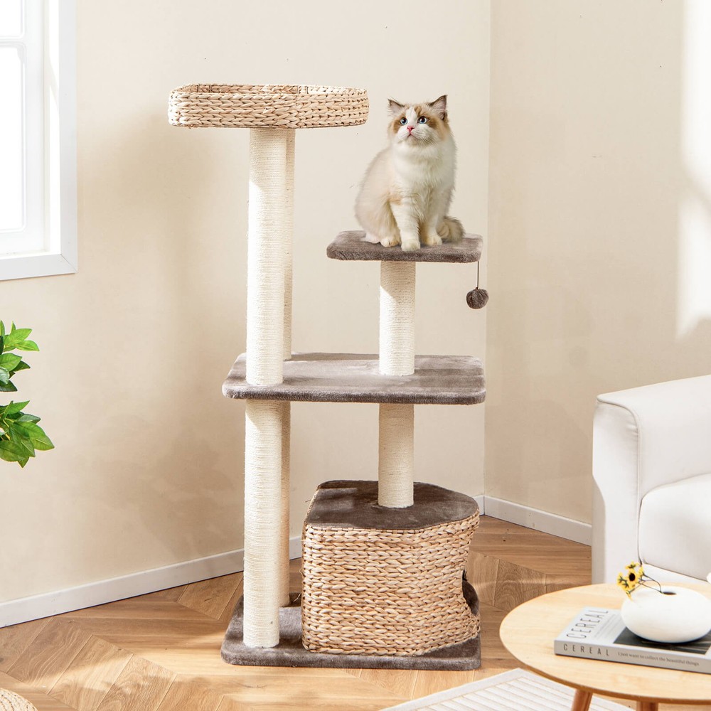 52" Cattail Cat Tower w/ Sisal Scratching Posts Perch Dangling Ball Cat Tree