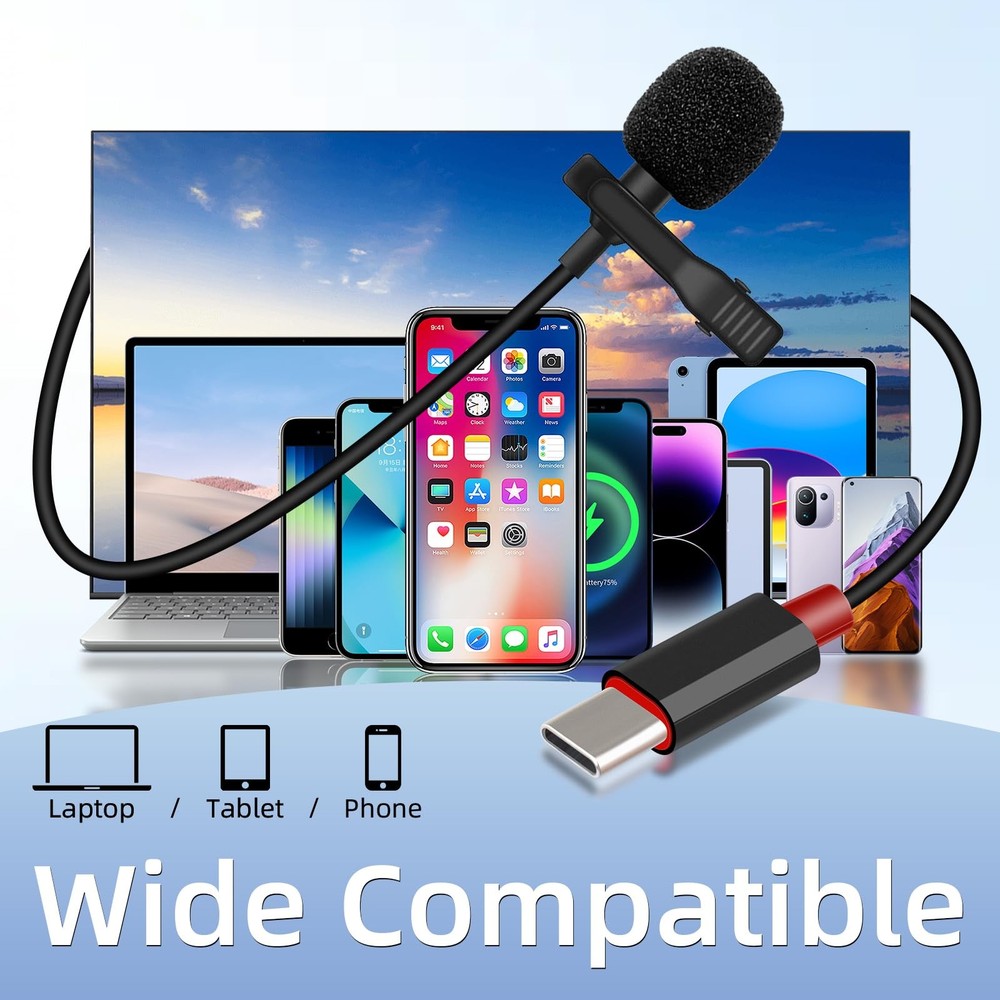 USB C Lavalier Microphone, Type-C Lapel Microphone Wired with USB A Adapter, ...