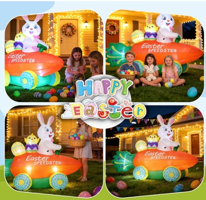 Inflatable Easter Bunny with Carrot Car and Easter Eggs, 6FT Easter Inflatables