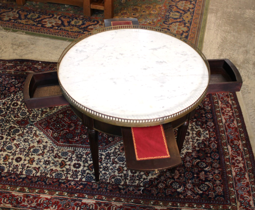 Antique French Louis XVI Mahogany Marble Top Bouillotte Round Side Table