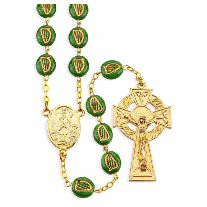 8 mm Harp Ceramic Bead - Saint Patrick Center + Celtic Crucifix - Gilt Rosary