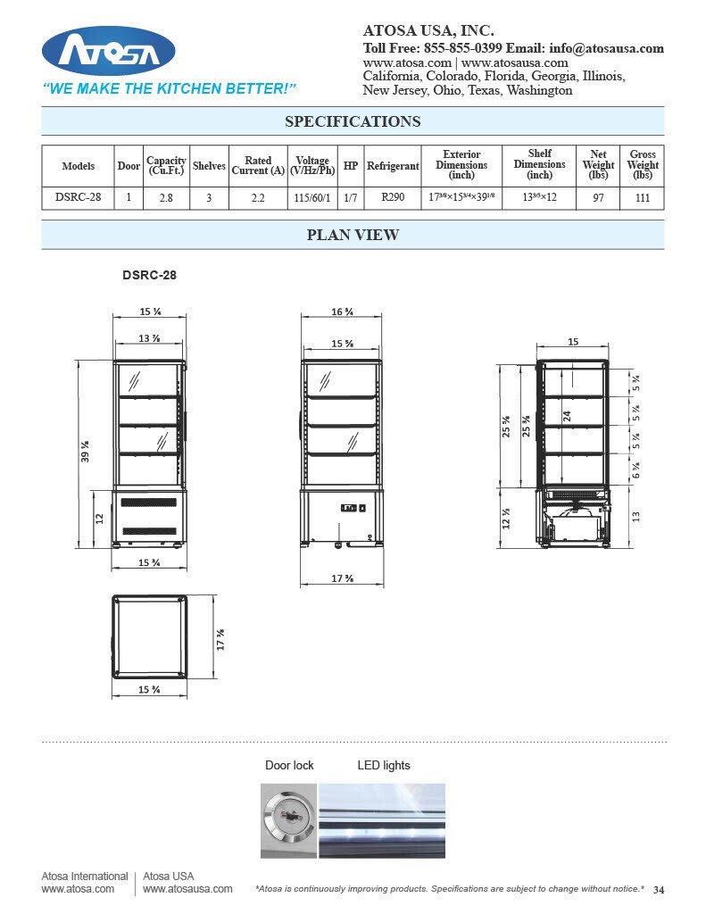 Atosa DSRC-28 – Countertop Refrigerated Display Case 17" WIDE BY 15" DEEP 39" H