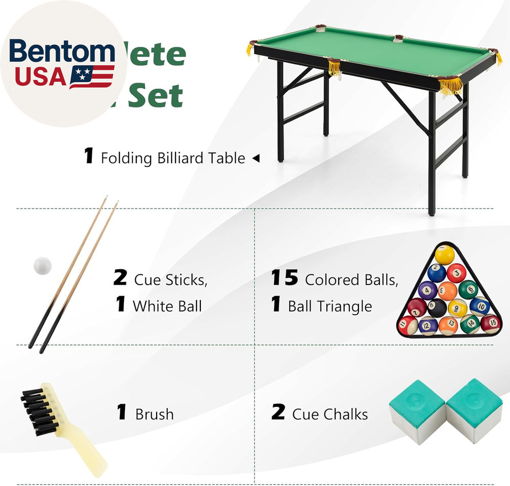 48" Pool Table, Foldable Billiards Table with 2 Cue Sticks, 16 Balls, Triangle,