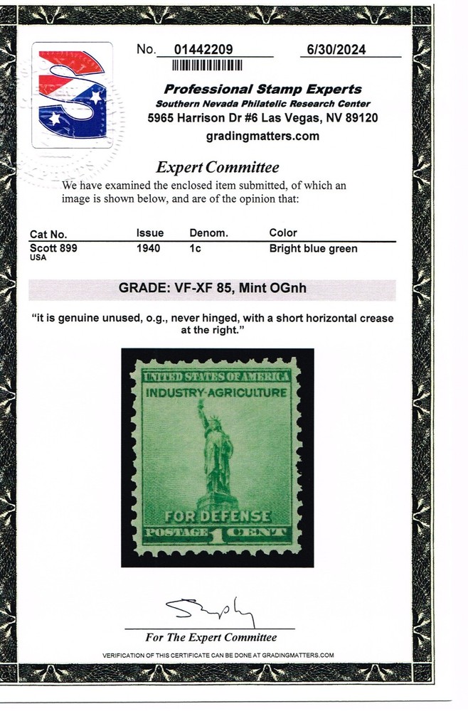 EXCELLENT SCOTT #899 MINT ORIGINAL GUM NH - PSE CERT GRADED VF-XF 85