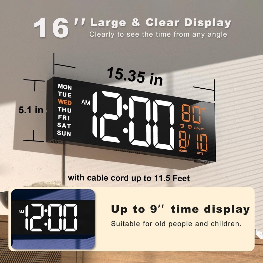 16" Large Digital Wall Mount Clock, Count Down Timer, Alarm, Big LED, RGB Col...