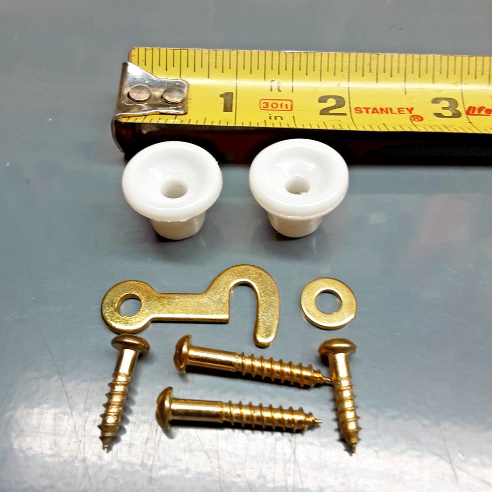 Drawer Knobs Pulls Pr. 3/4" Plastic Plus Brass Hook Latch & Screws, NOS Repro