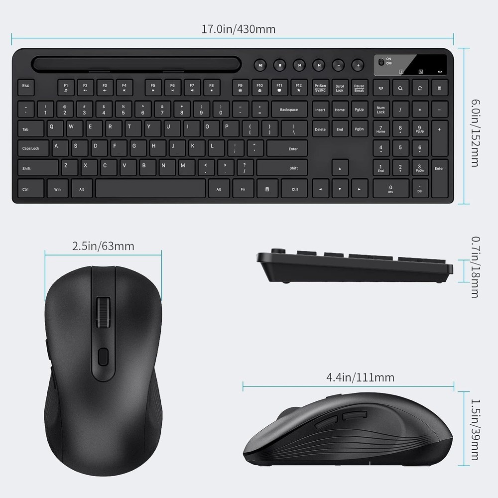 Ergonomic Wireless Keyboard with Tablet Holder & Silent 6-Button Mouse - Black