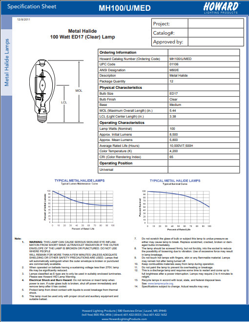 Howard Lighting MH100/U/MED HID | 100W M90/E E26 Medium Universal ED17 Clear