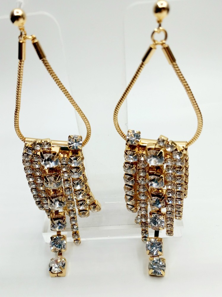 Rhinestone Statement Dangle Earrings Goldtone Posts Layered