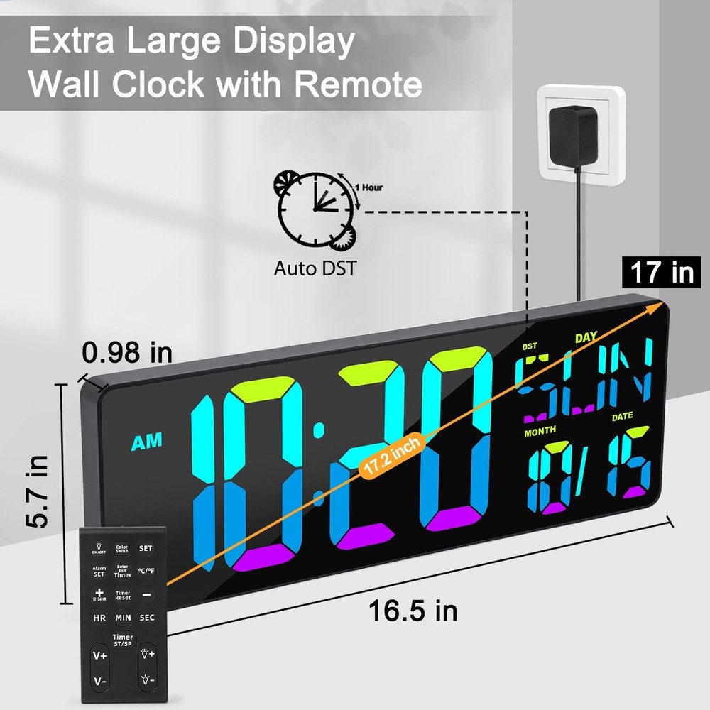 XREXS Large Digital Wall Clock with Remote Control, 17 Inch LED Large Display...