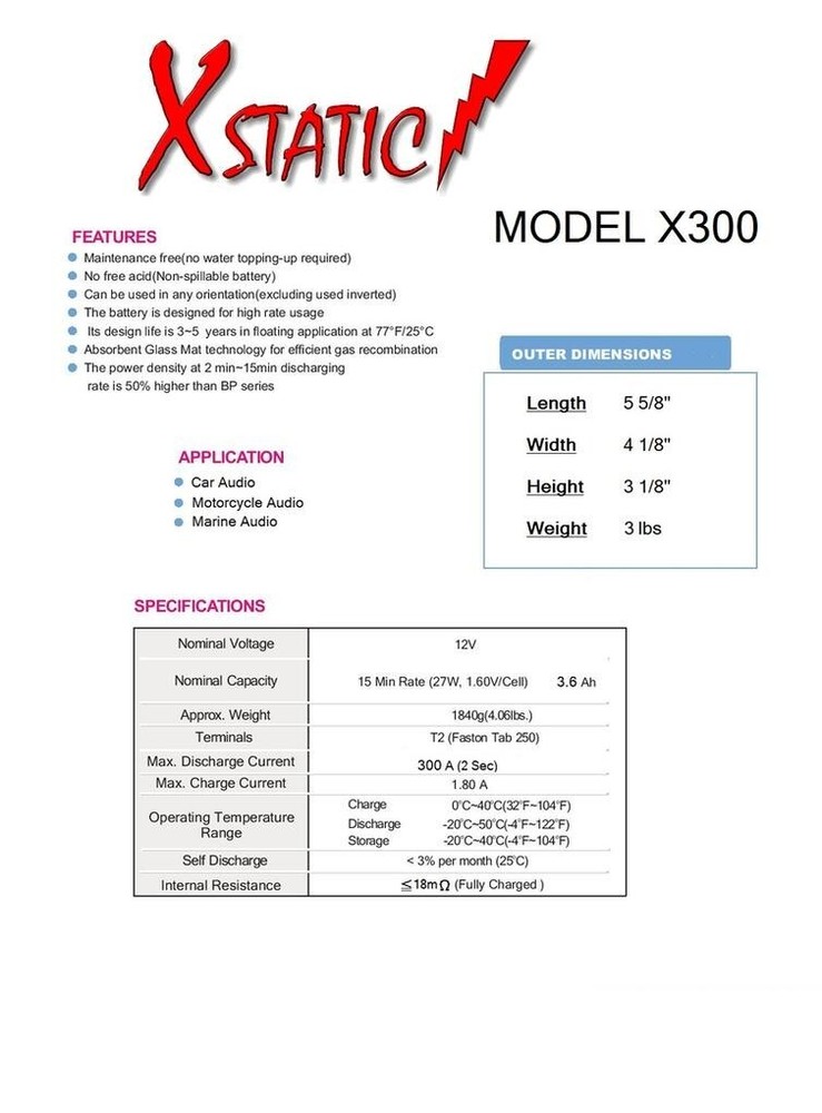 Xstatic Batcap Model X300 3.5 AH 12 Volt Battery