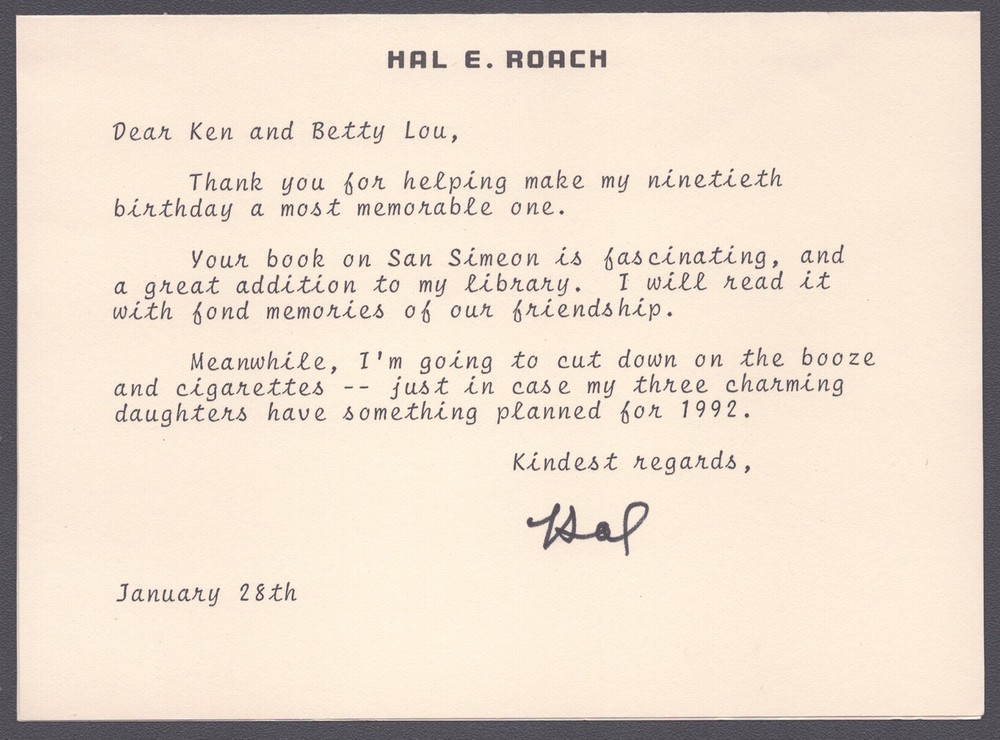 HAL ROACH SR. - TYPED LETTER SIGNED 1/28