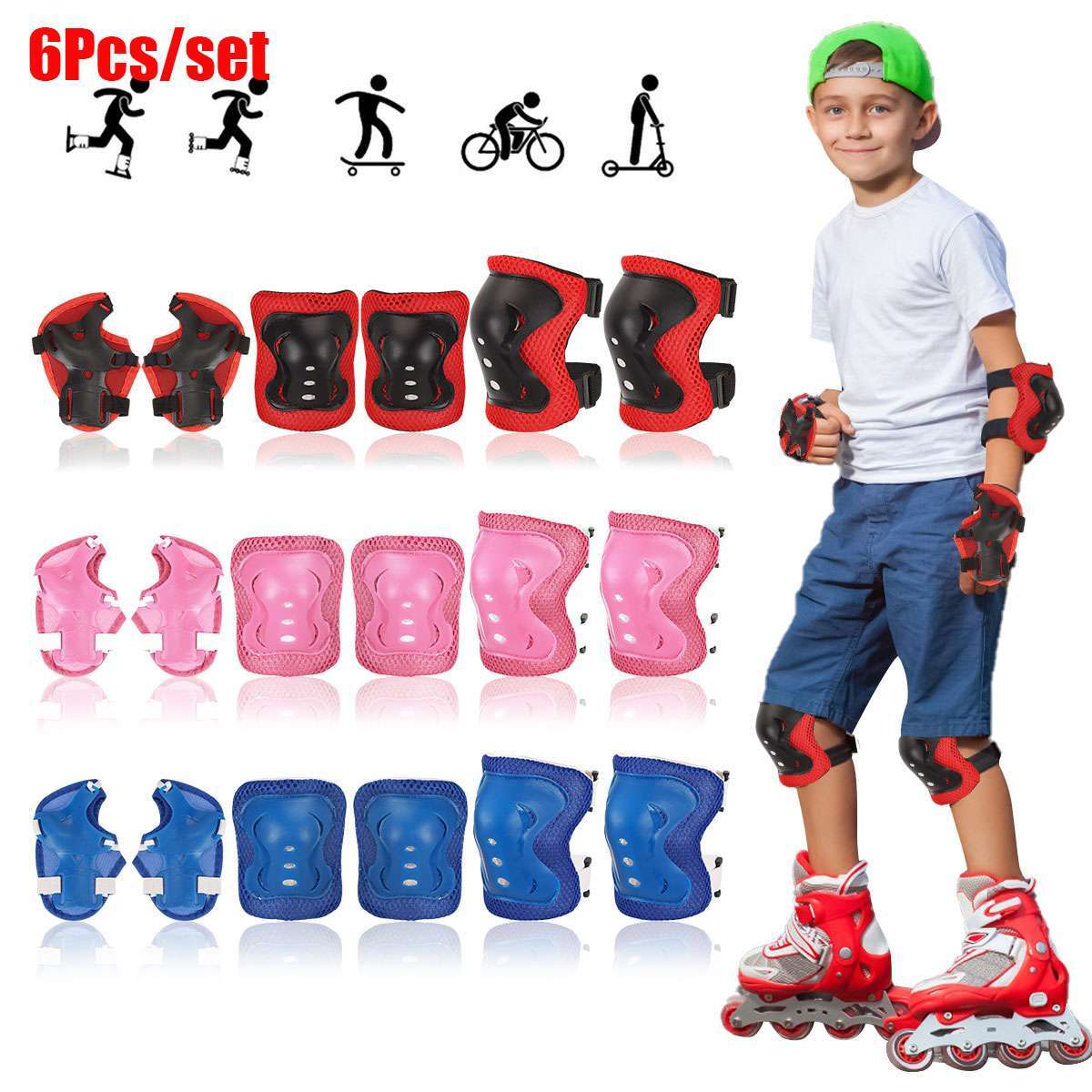 6Pcs Kids Hand Knee Wrist Guard Elbow Pads Set for Scooter Skateboard Protector