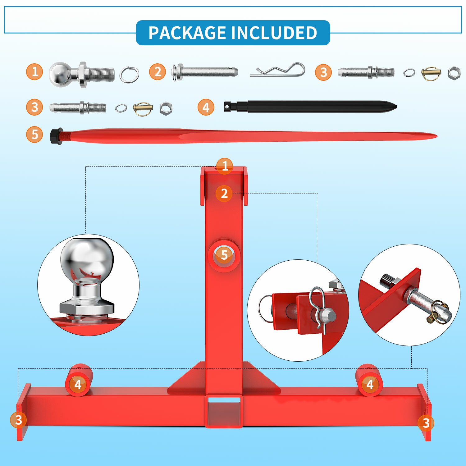 Cat 1 3 Point Hay Bale Spear Trailer Hitch Receiver with Ball