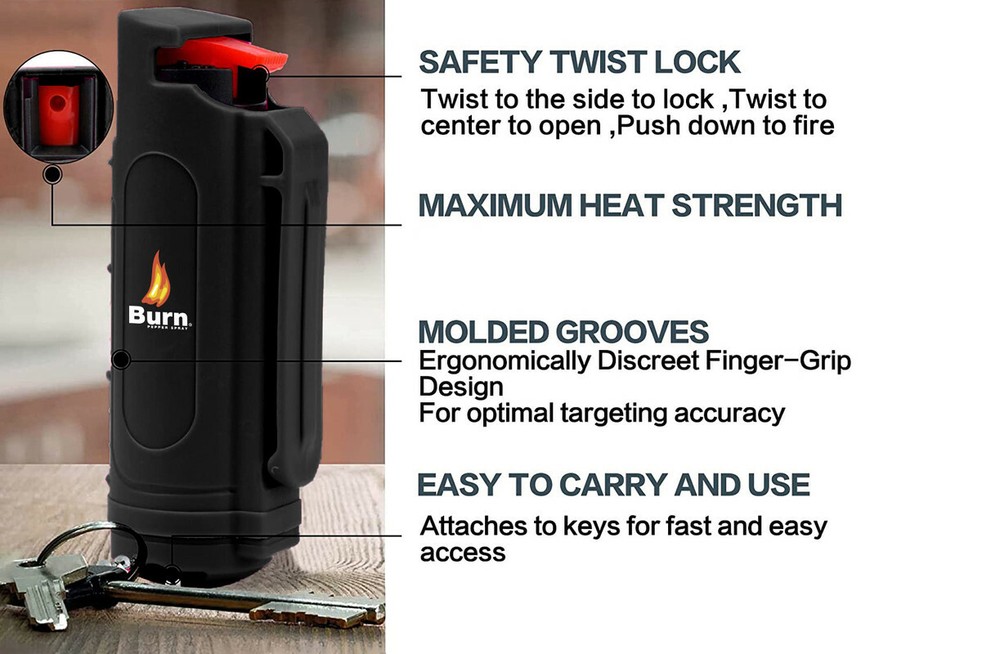 BURN Pepper Spray 1/2oz Self Defense Security Keychain Molded Black