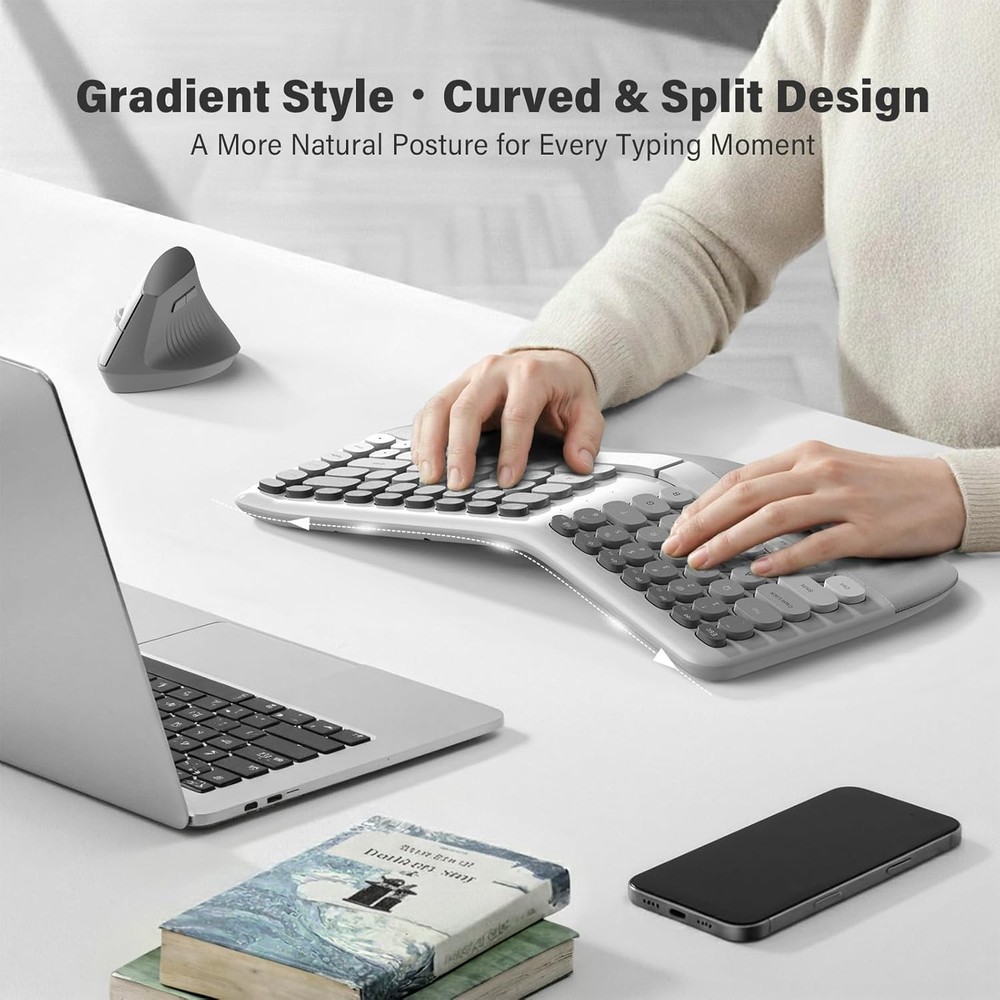 Mofii Wireless Keyboard & Vertical Optical Mouse White USB Split Curved for PC