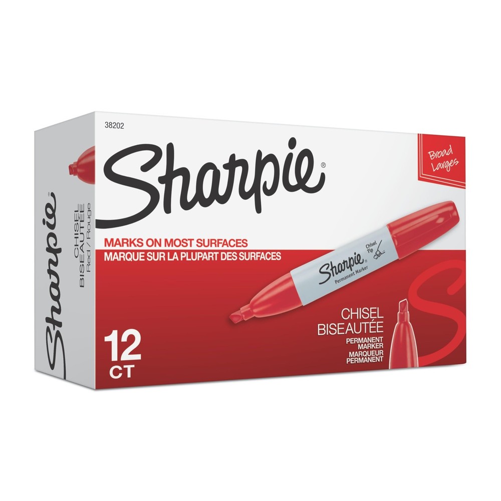 Permanent Markers, Chisel Tip, Red, 12 Count