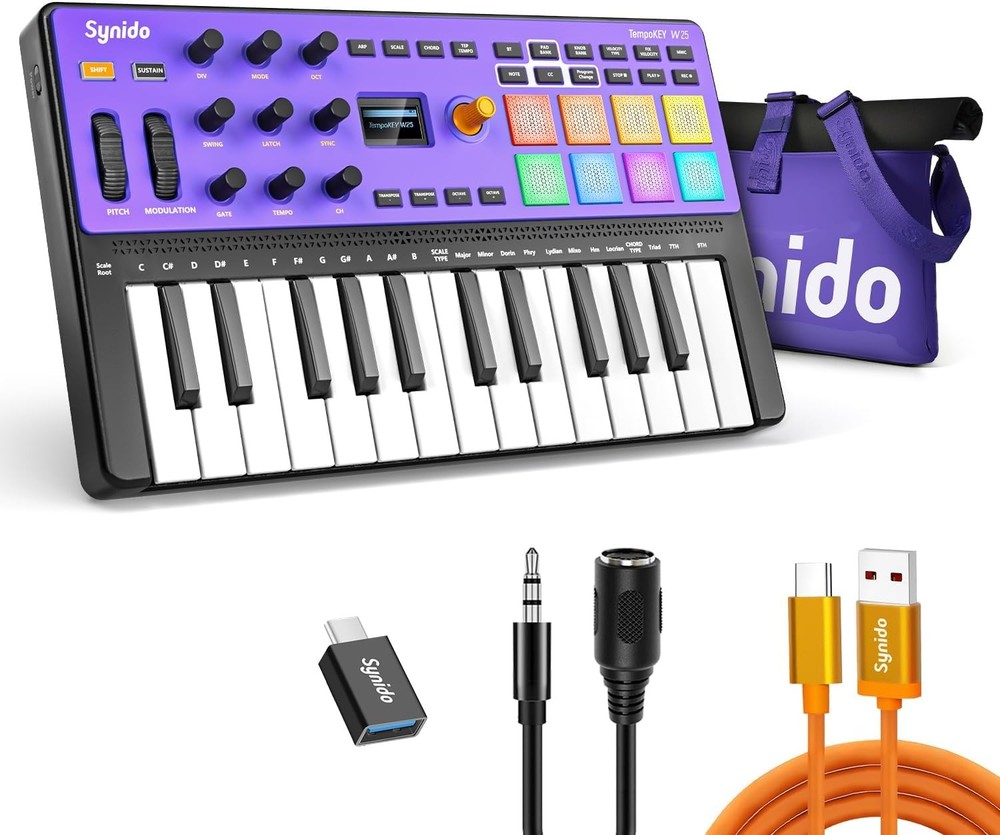 Synido USB C Rechargeable MIDI Controller Keyboard 25 Keys Wireless TempoKEY W25