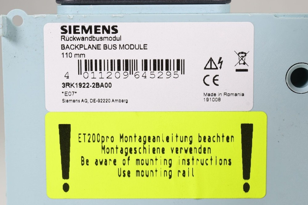 SIEMENS 3RK1922-2BA00, Backplane bus module, E07