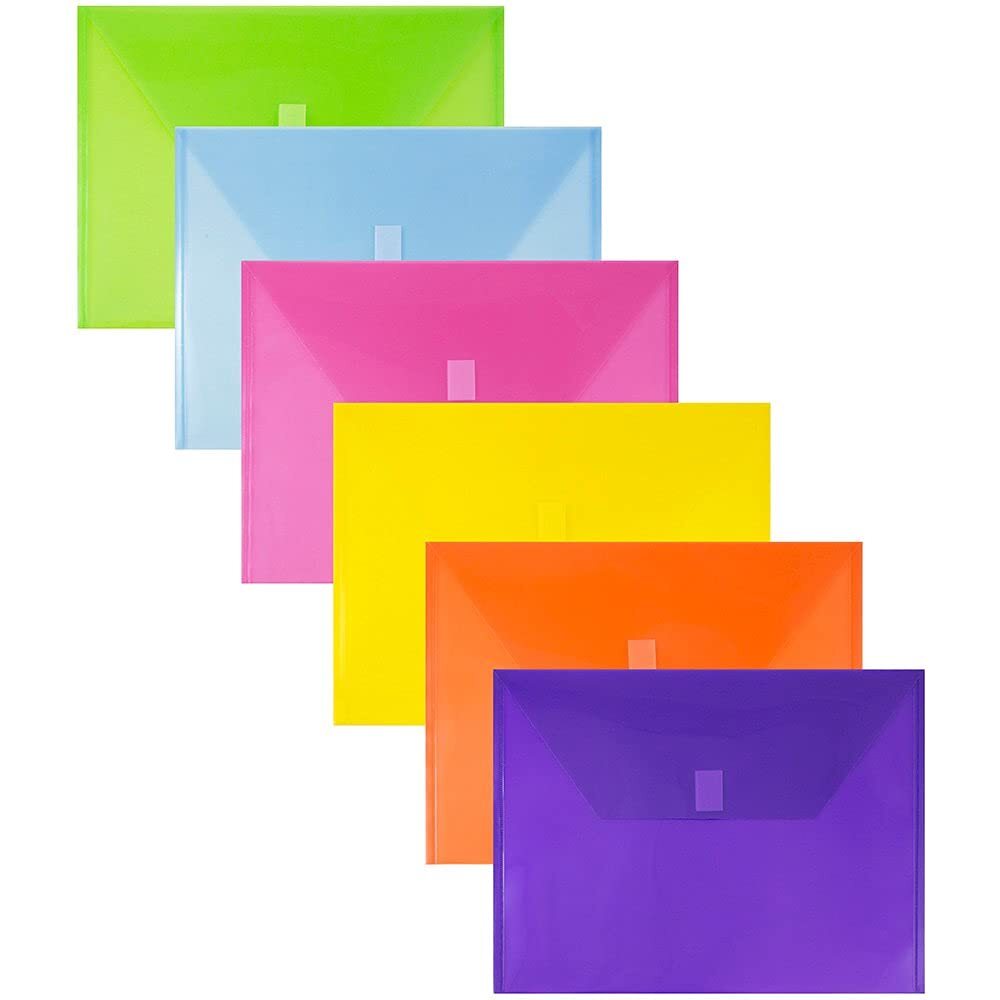 Assorted Colors Plastic Envelopes with Hook & Loop Closure 6-Pack
