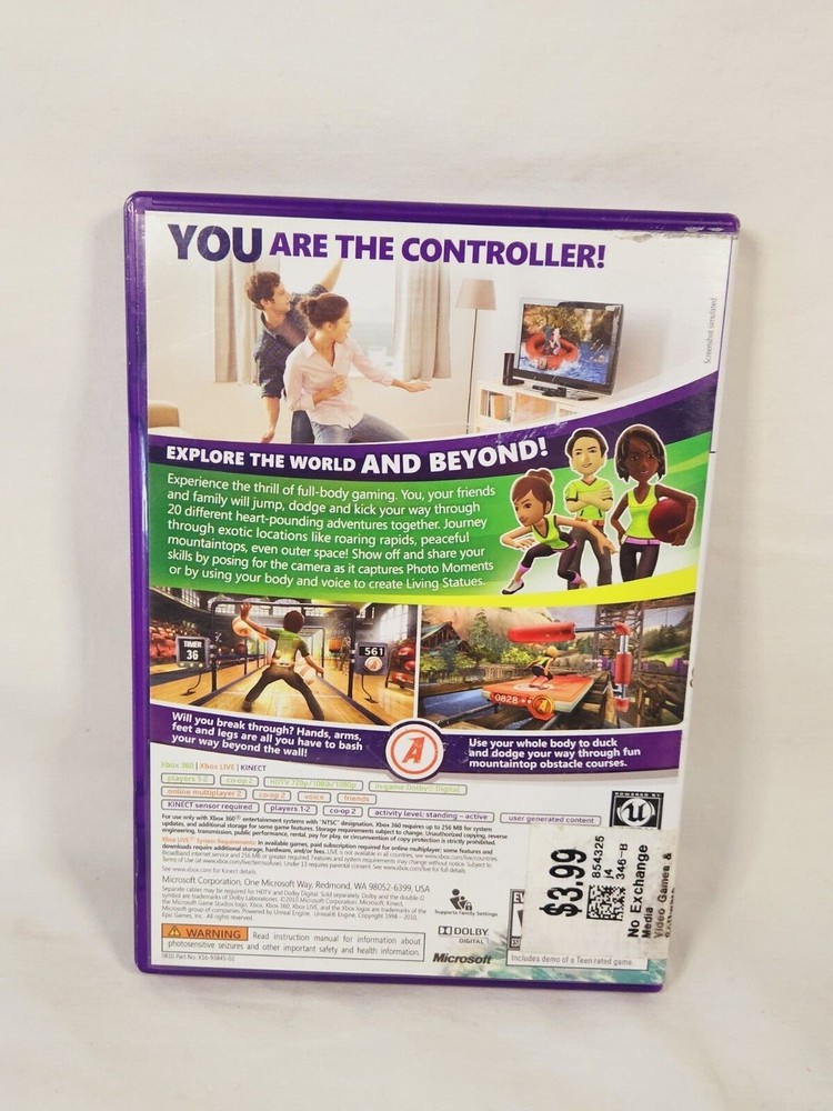 Microsoft Xbox 360 Kinect Black Sensor Bar Model 1414 & Kinect Adventure CIB