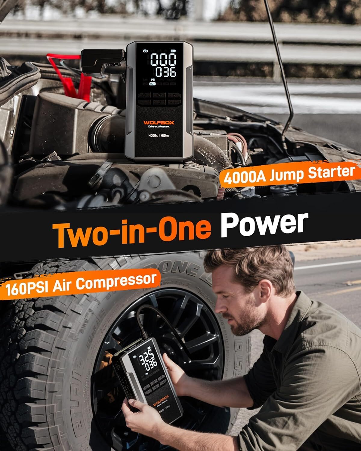WOLFBOX Jump Starter with Air Compressor, 4000A Portable Car Battery Booster