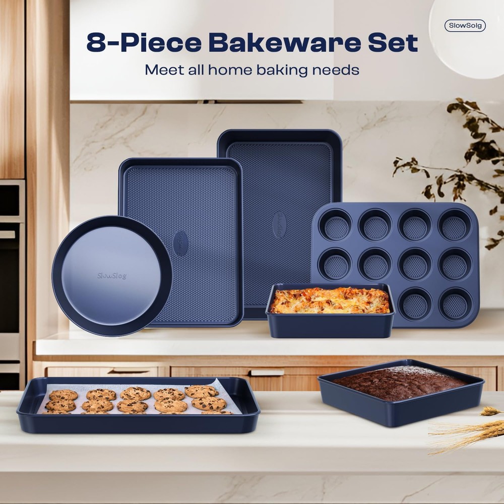 Baking Pans Set 8-Piece Bakeware Sets, Sets for Cooking Diamond Blue