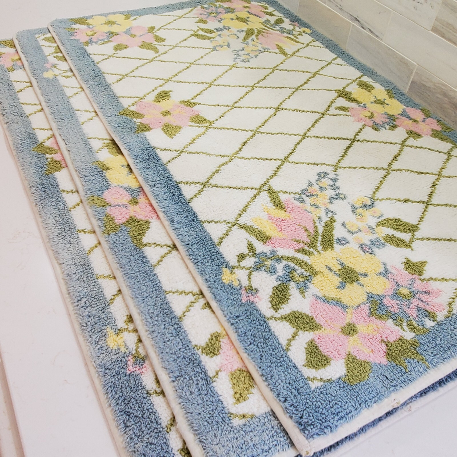 Longaberger Bath Mat Rug Pastel Trellis Pattern Blue Pink Cream White 18.5"x31"