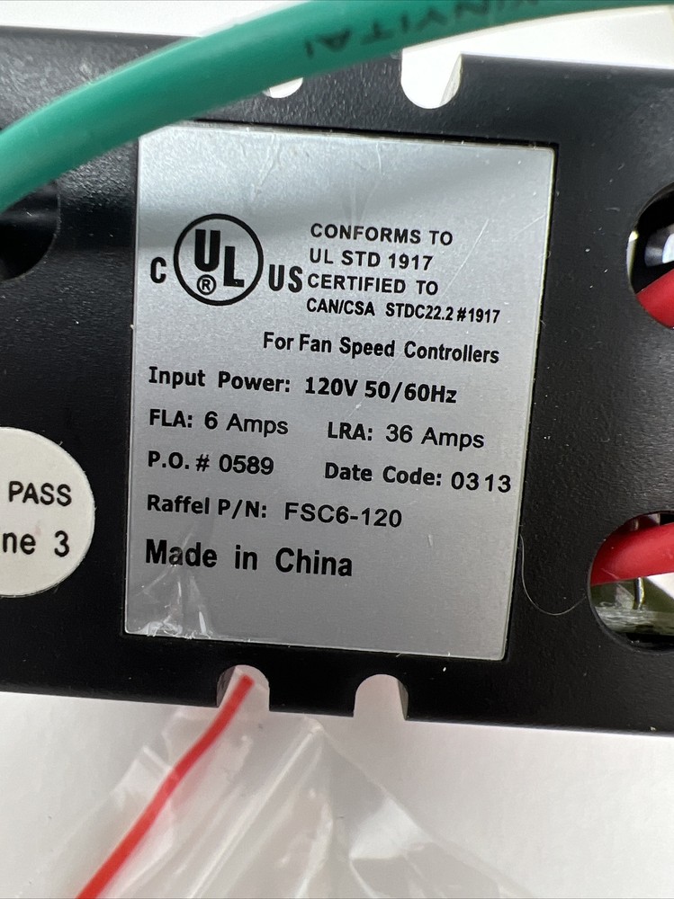 RAFFEL 385031 SOLID STATE SPEED CONTROL SWITCH FAN WALL MOUNT CONTROLLER 120V 50