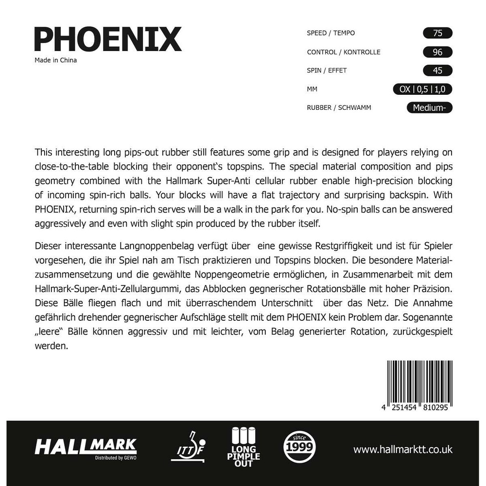 Hallmark long pips-out PHOENIX OX rubber