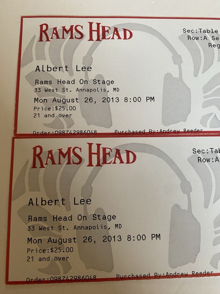 Concert Ticket Stub 2013 Albert Lee Rams Head MD