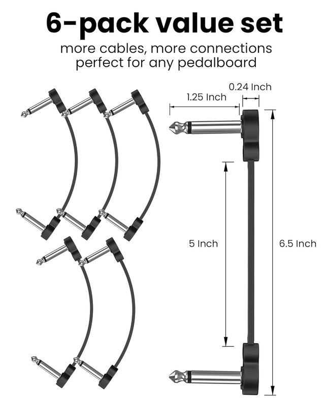 6 Pack 6 Inch Guitar Patch Cables, 1/4 TS Right Angle Flat Cables...