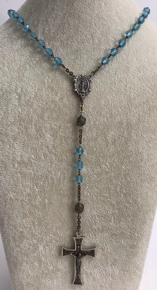 Vintage Blue Catholic Religious Prayer Rosary Beads Cross Crucifix Italy