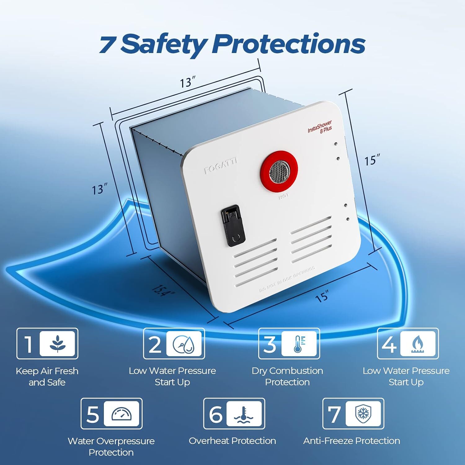 FOGATTI RV Tankless Water Heater 15 x 15 inches White Door DC 12V Propane Gas