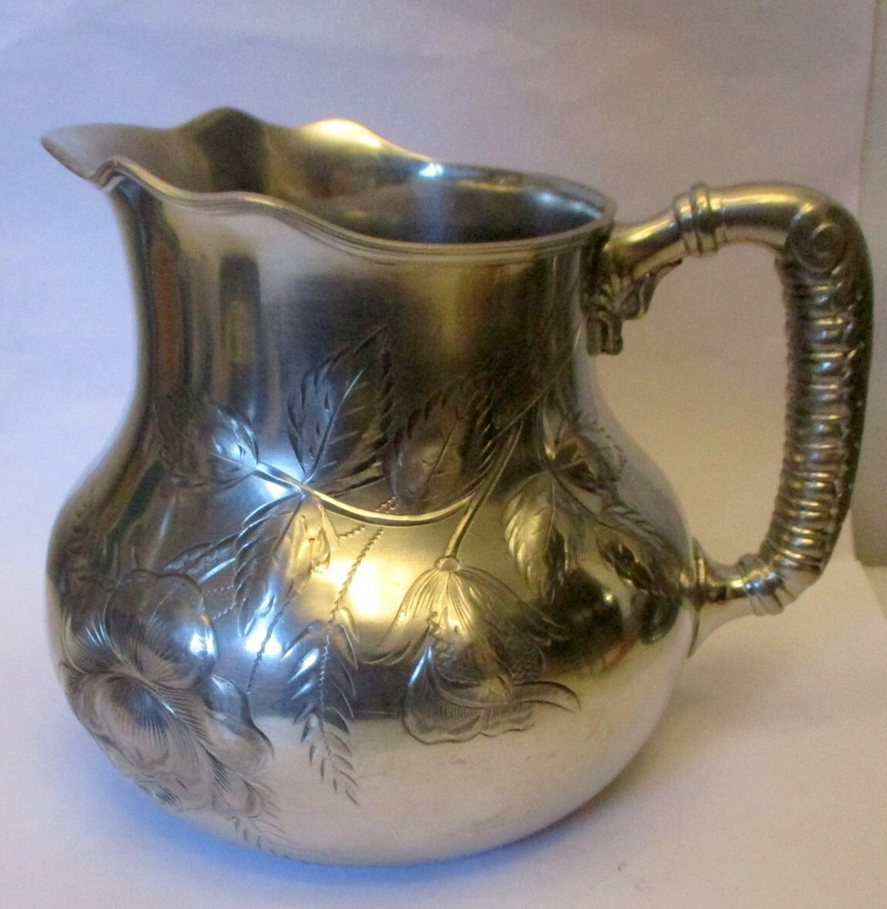 VTG  SILVER PLATE PITCHER Jug  CONN Repousse Embossed Flowers Fox Dragon Handle